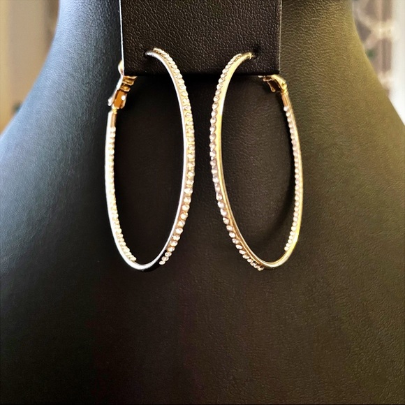 Gold Tone Crystal Pavé Hoop Earrings - Picture 2 of 3
